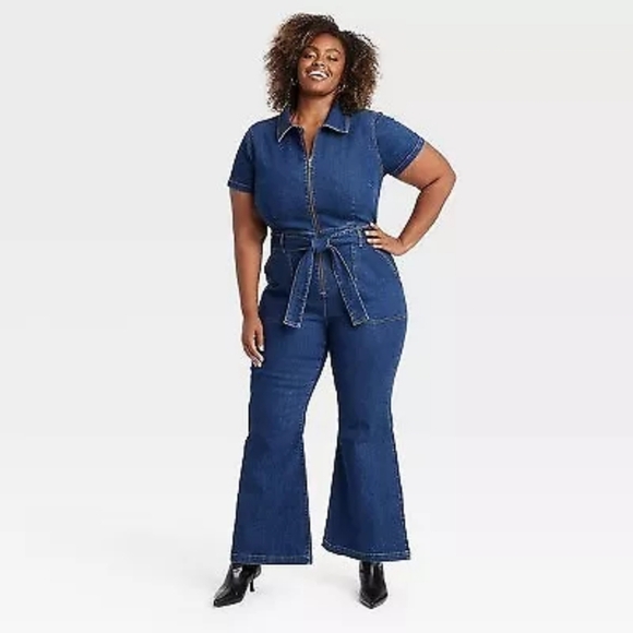 Ava & Viv Pants - Women's Short Sleeve Denim Jumpsuit - Ava & Viv Dark Wash 18